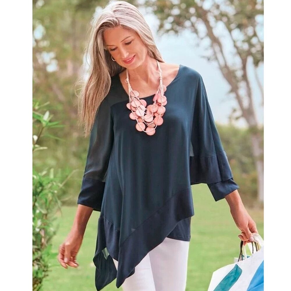 Soft Surroundings Adler Cape-Style Tunic Top XL Navy Layered Chiffon Asymmetric